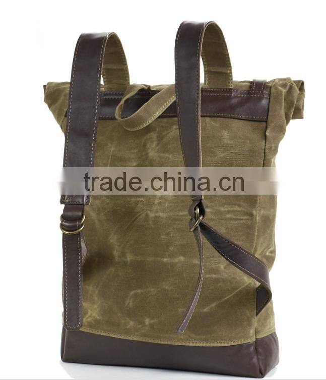 2015 new design army green waxed canvas hiking backpack,large canvas school backpack, vintage laptop backpack for students