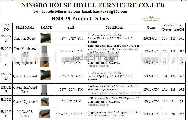 HS0029 King Queen Headboard Nightstand luggage bench microfridge cabinet desk stainless steel legs