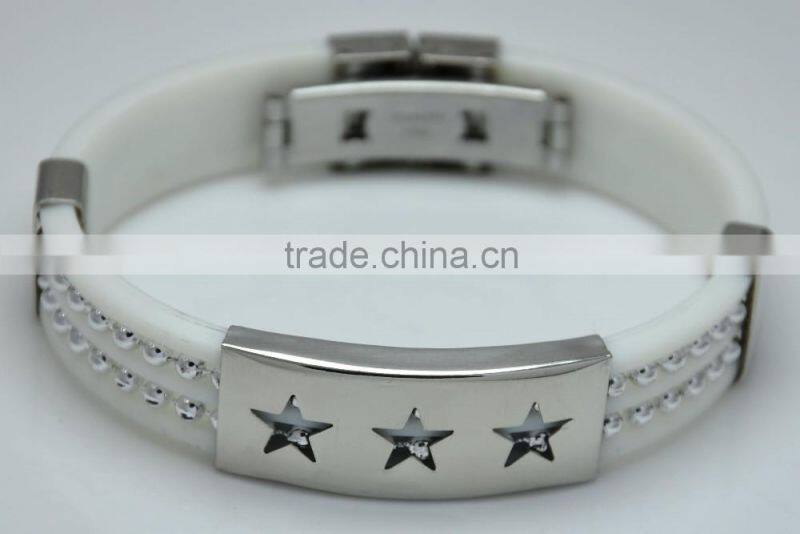 Fashion White Rubber Wide Bracelets Channel Band With Two Tiny Stainless Steel Beads Hollow Three Star Fold Clasp Mens Bangle