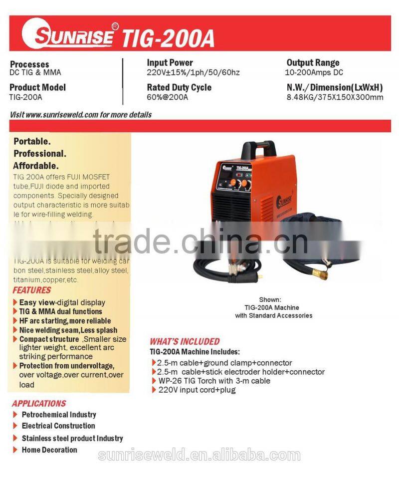 high quality mosfet heavy duty cycle portable inverter TIG-200A aluminum welding machine