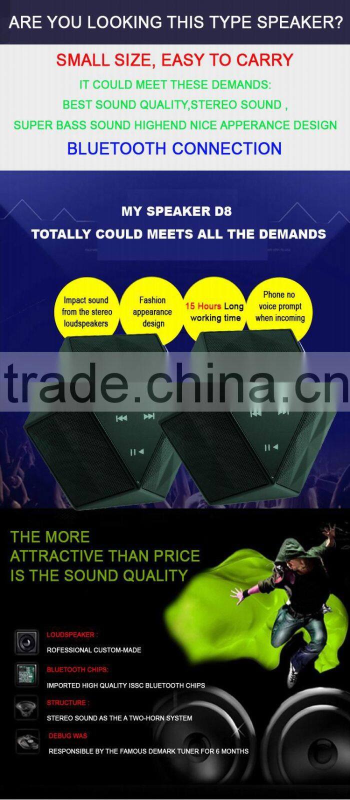 Model D8 New gadgets super bass sound 6w rechargeable stereo wireless bluetooth speaker