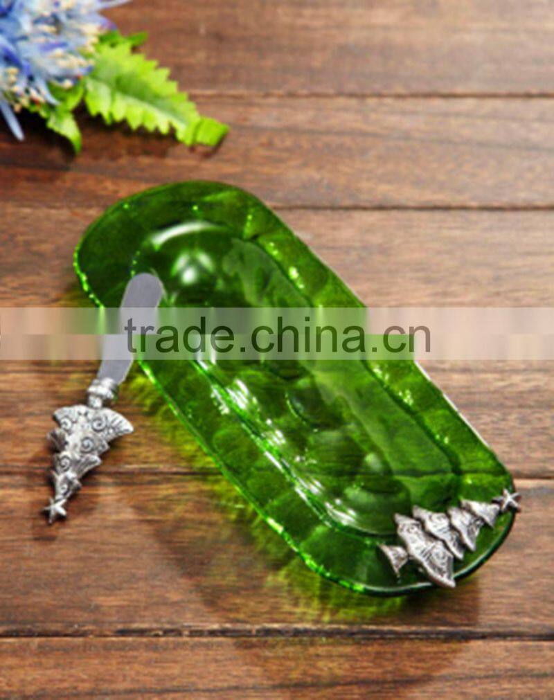 Glass pretty green plate with metal Chrismas tree decoration