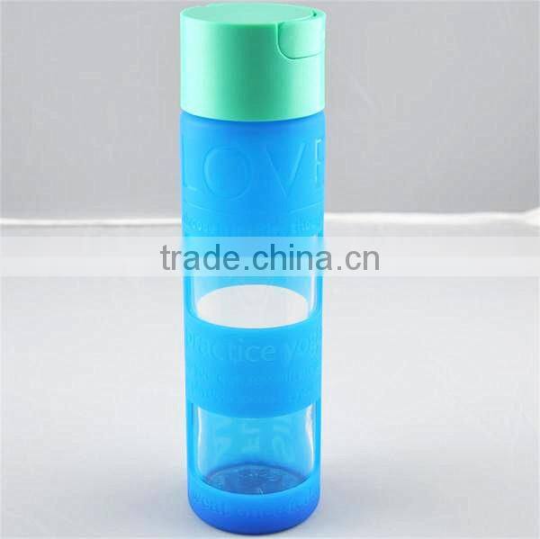 See- through window glass water bottle with silicon gel protective sleeve
