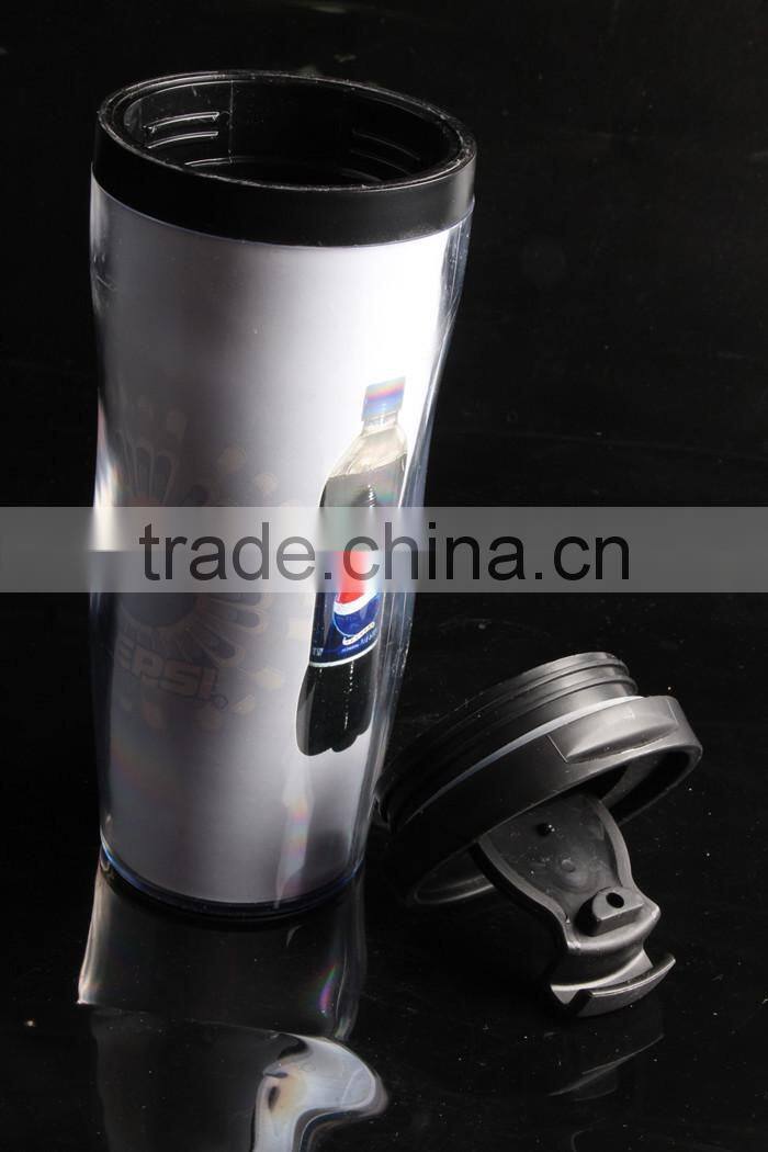 plastic travel mug with paper inserted/advertising mug
