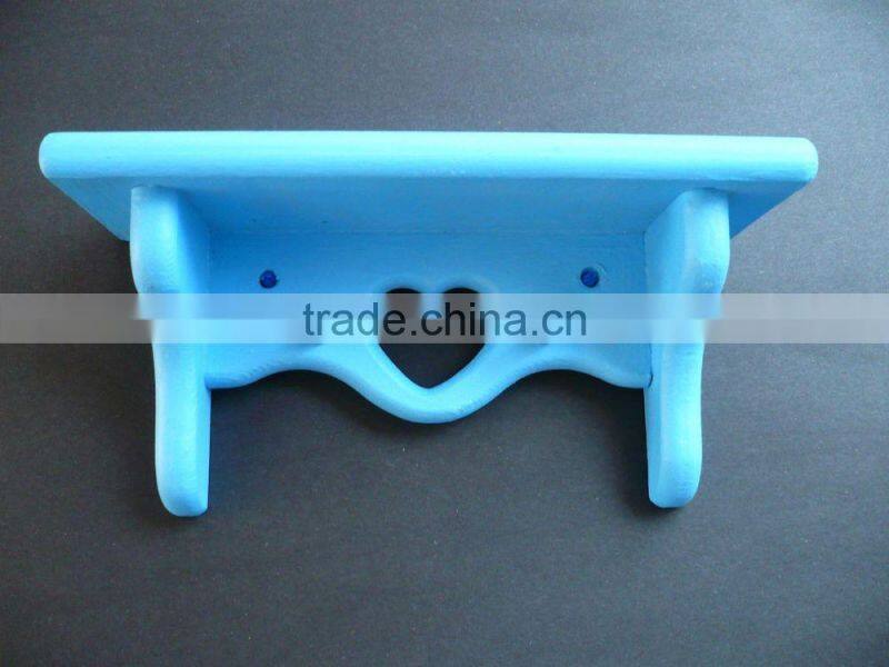 Small Blue Wood Wall Shelf w/ 2 Hooks Heart Design