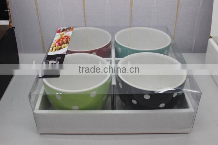 Set of 4 white dots hand printing ceramic snack bowl set