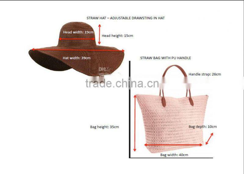 2017 floppy sun paper straw hat and bag set with PU trim