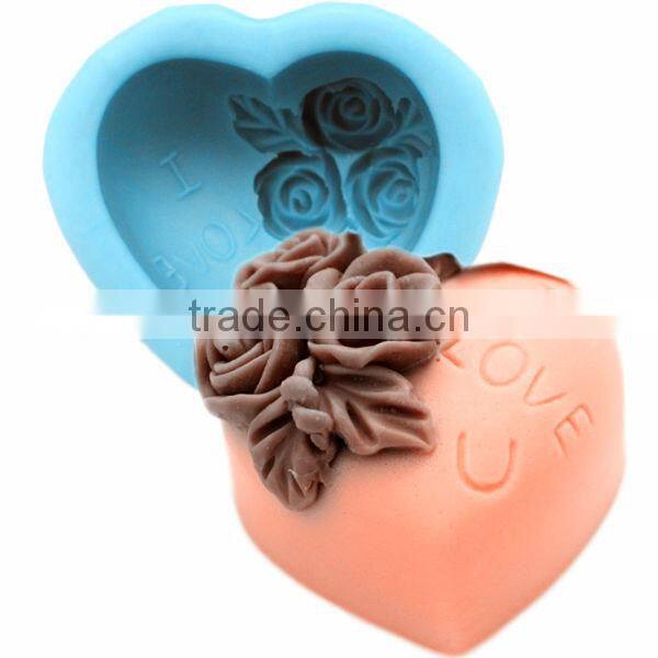 Valentine's Day heart shape 3D silicone rubber Soap Molds with embossed rose flower
