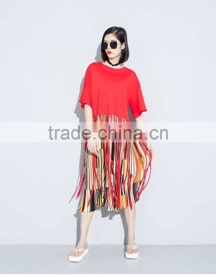 Guangzhou clothing OEM o neck half sleeves black long tassels tshirt