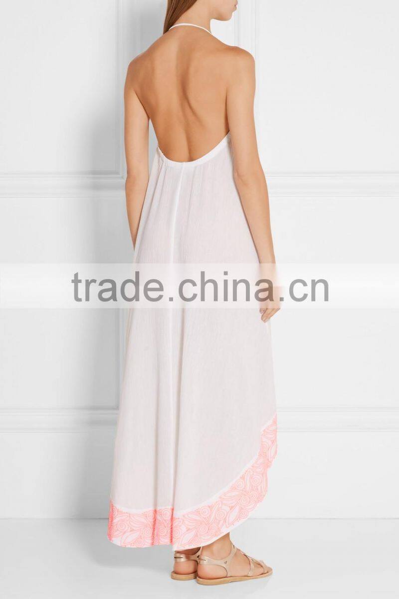 Holiday Sexy Cotton-Crepon Maxi Dress Backless Long Beach Dresses With Colorful Pink Embroidery Tasseled Ties 2016 HSD5840