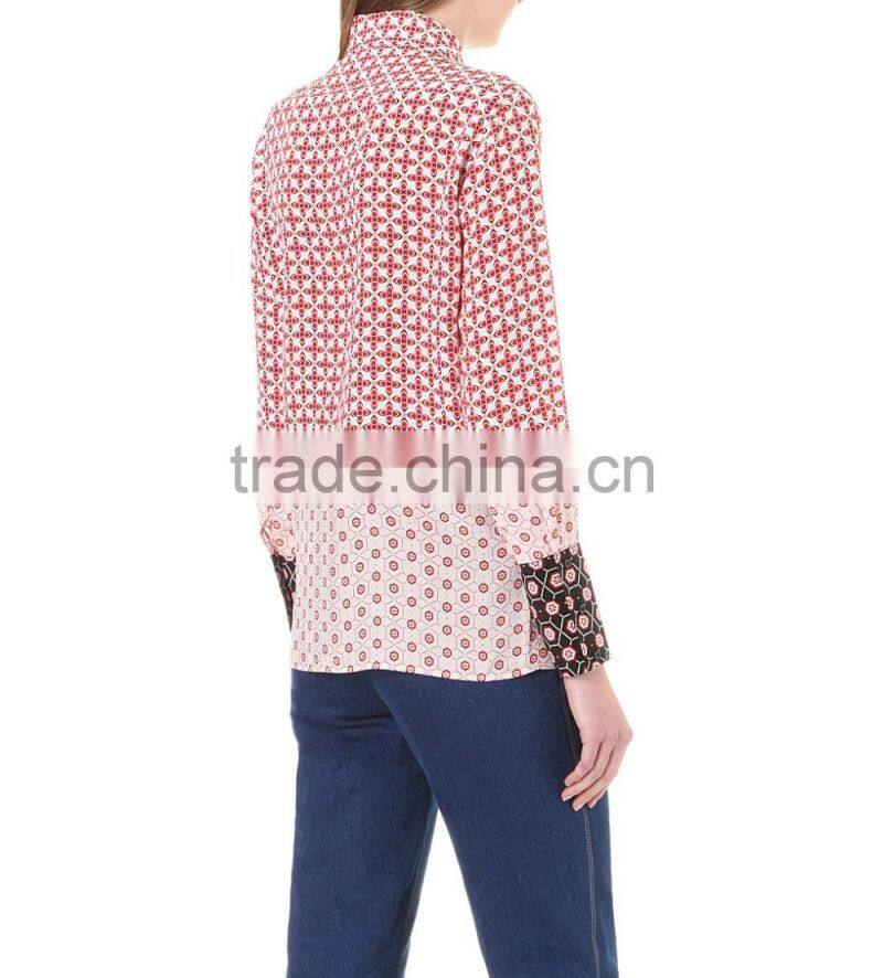 Wholesale Women Long Sleeves Geometric Rosette Silk Shirt(DQE0079T)