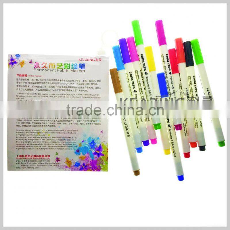 Kearing brand fabricate 12pcs/set 2.0mm nibs fabric marker ingrnious 12 colors fabric permanent T shirt marker pen#FM212
