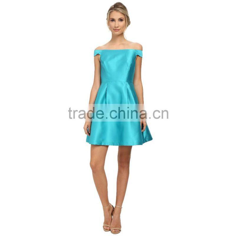 one-line shoulder plain blue short bridesmaid dress with zipper