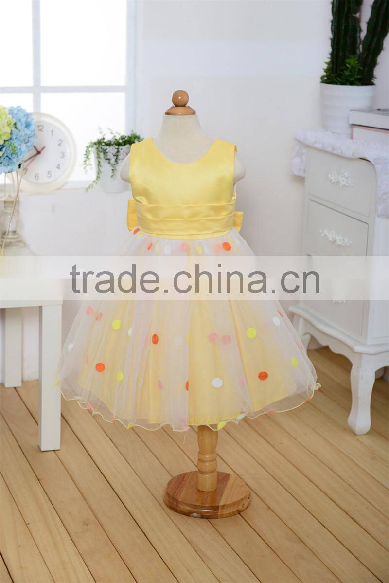 MGOO High Quality OEM Brand Girl Latest Design Baby Frock Yellow Dot Satin Community Dress 0-381