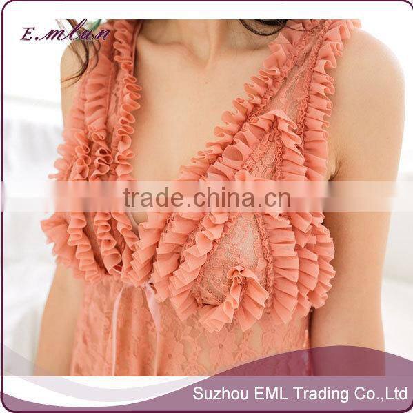 Ladies sexy lace flower transparent intimate sleepwear robe night gown