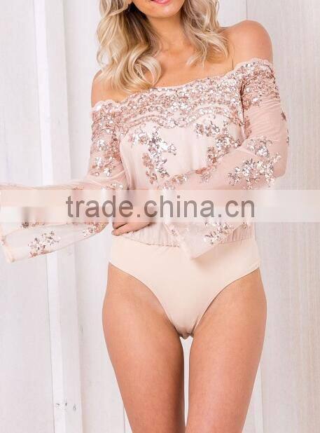 Runwaylover 116 New Design 2017 Ladies Sexy Off-Shoulder Sequins Embroidery Bodysuits