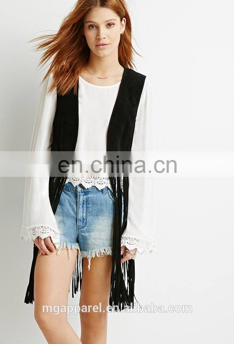 Fashion fully lined black ladies suede leather vest with longline fringe