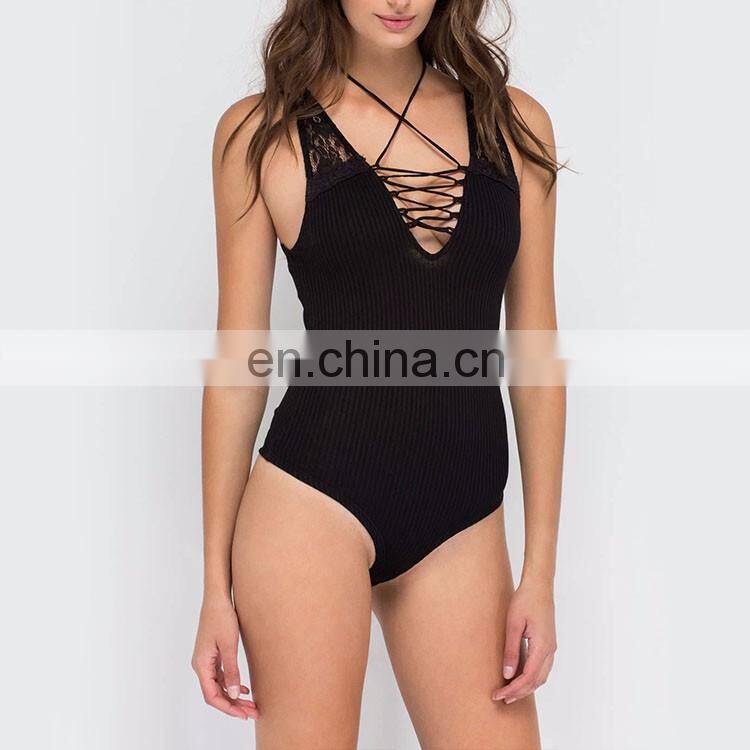 Wholesale Black Stripe Neckline Women Tight Bodysuit