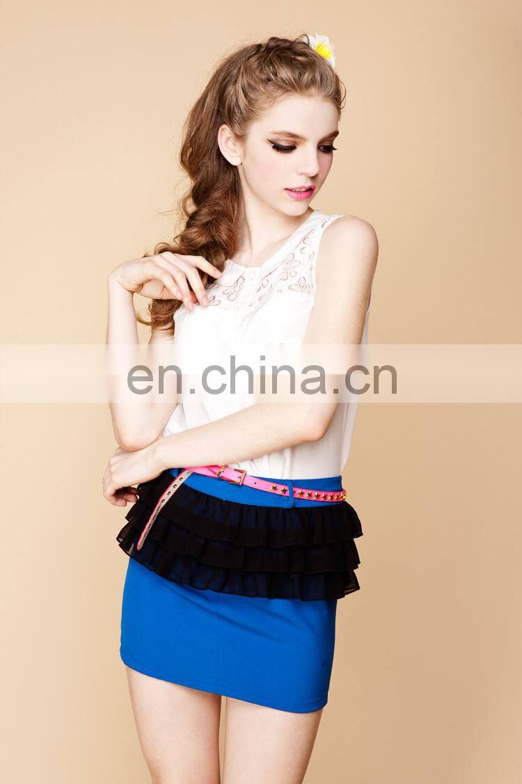 2013lastest design blue splicing with black three layer chiffon like agaric casual skirt