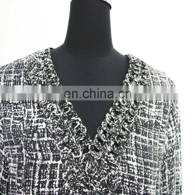 women elastic cuff hem braided collar abstract print blouse