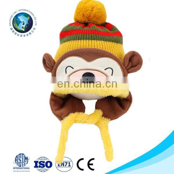 Cheap cute plush monkey kids animal winter crochet baby hat custom warm soft baby girl hat