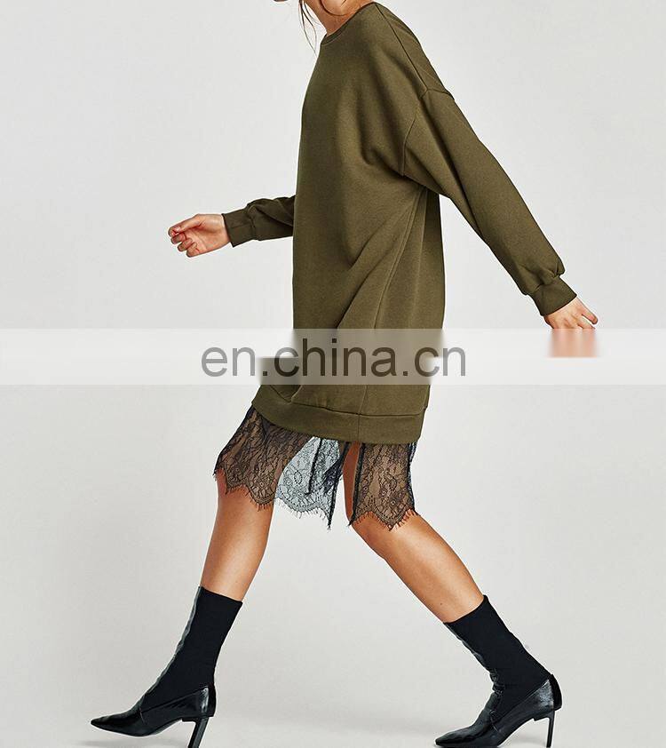 custom brand fashion women clothing O neck lace hem hoodies oversized sweatshirt dress