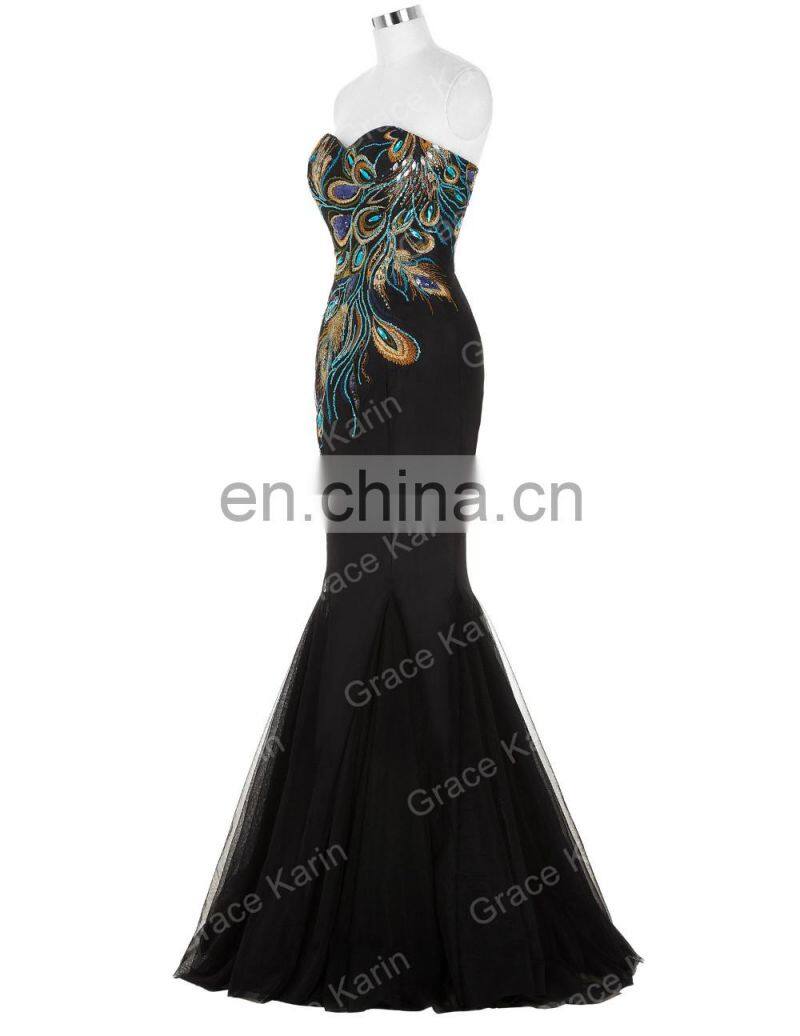 Grace Karin Full-Length Strapless Sweetheart Black Mermaid Peacock Prom Dress GK000080-1