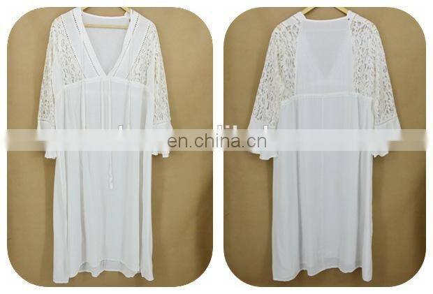 Elegant Lace Patchwork Button Front Open Long Sleeve White Cotton Beach Dress Women Swimwear Cover Up Beach Tunic Plus Size