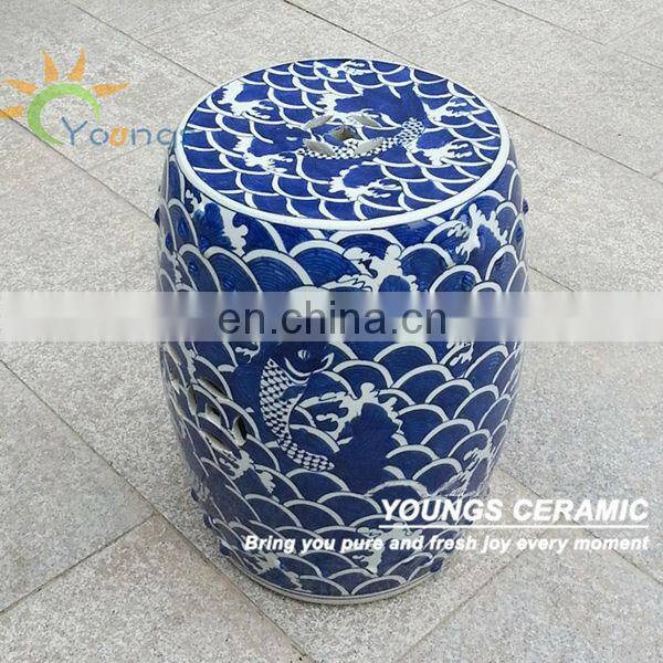 Antique Chinese HAND PAINTED Ceramic Stool Blue Garden Furniture