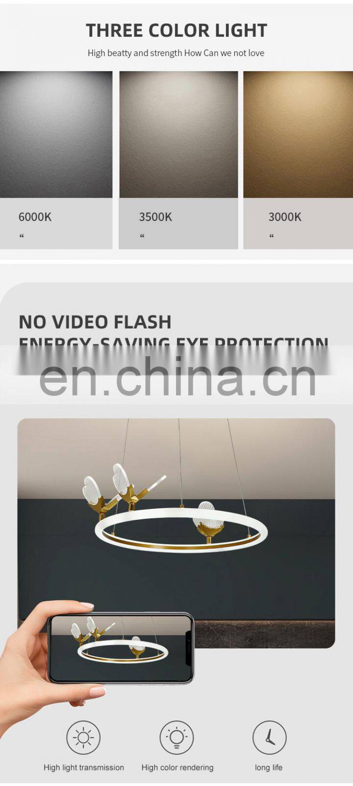 Professional Factory Indoor Decoration Living Room Bedroom Modern Iron Acrylic LED Pendant Light