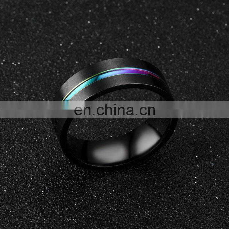 Black Ring for Men Women Groove Rainbow Stainless Steel Wedding Bands Trendy Fraternal Rings Casual Male Jewelry