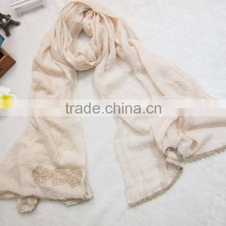 Wholesale Plain Cotton Linen Flower Embroidery Designs Ladies Scarves