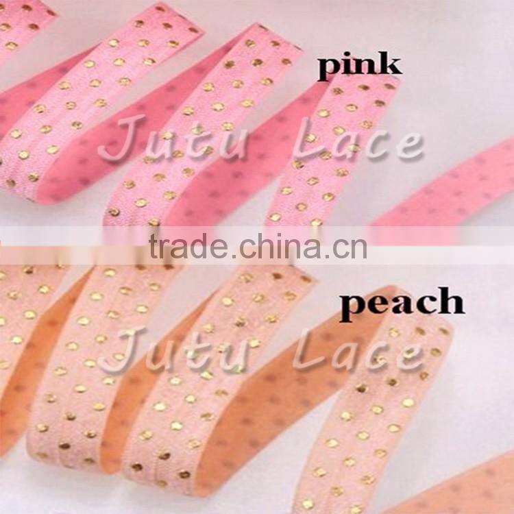 Valentine's Day Elastic Headband - Glitter Foil Gold Fold Over Elastic -5/8'' Polka Dots / Quatrefoil/heart/Stripe FOE