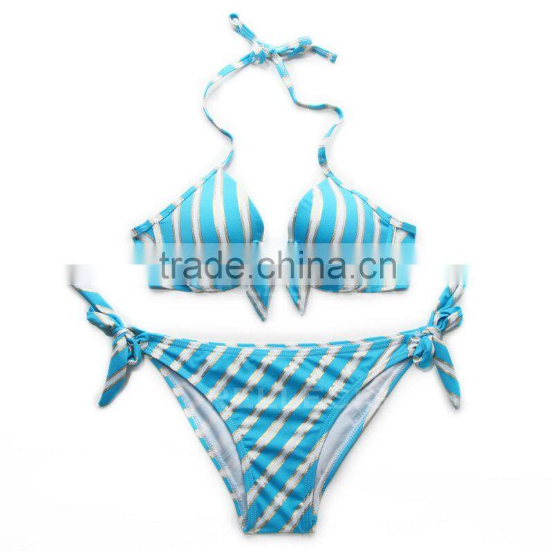 RELLECIGA 3/4 Cup Top Sexy Bikini Swimwear Series - Full Lined Blue Metallic Stripe Print Halter Top Woman Swimwear