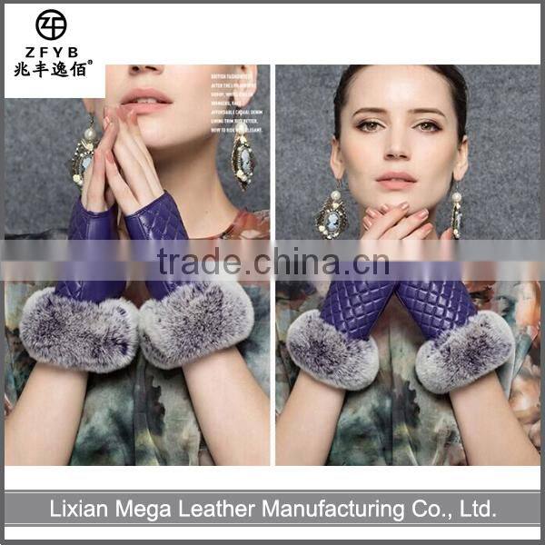 High quality cheap custom unlined rabbit fur purple color fingerless leather gloves