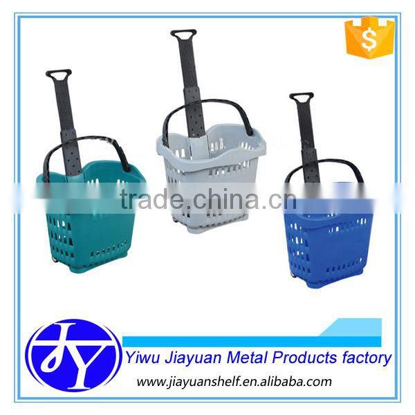 plastic market basket with two wheels and foldable handle bar