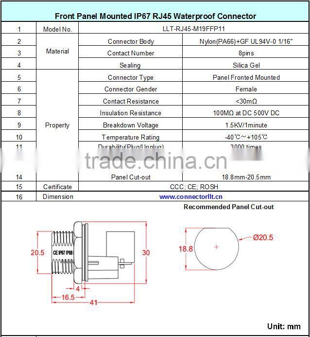 LLT front panel mount RJ45 transformer female to female RJ45 socket