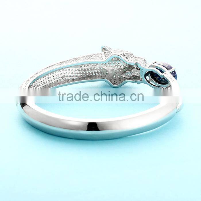 925 Sterling Silver Fashion Lapis Lion Head Bangle Bracelet SBG763W