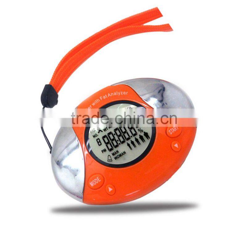 Oval shaped body fat analyzer pedometer with lanyard