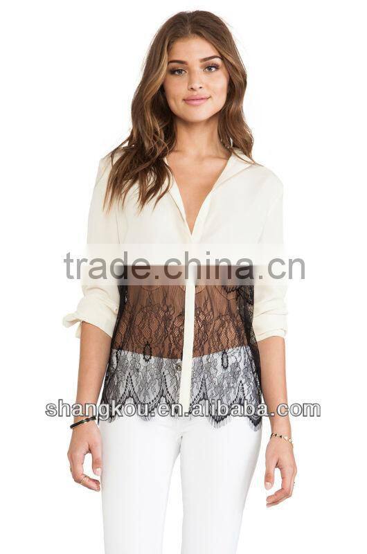 2016 New Arrival Contrast Color Patchwork High Quality Satin Pajamas Blouses women