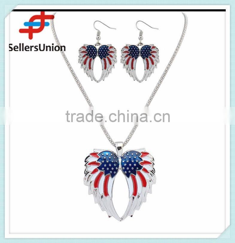 No.1 yiwu & ningbo exporting commission agent wanted wings pattern heart design european style chain necklace and earrings set