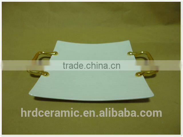 Factory supply stock cheap square white ceramic plate with Metal handle