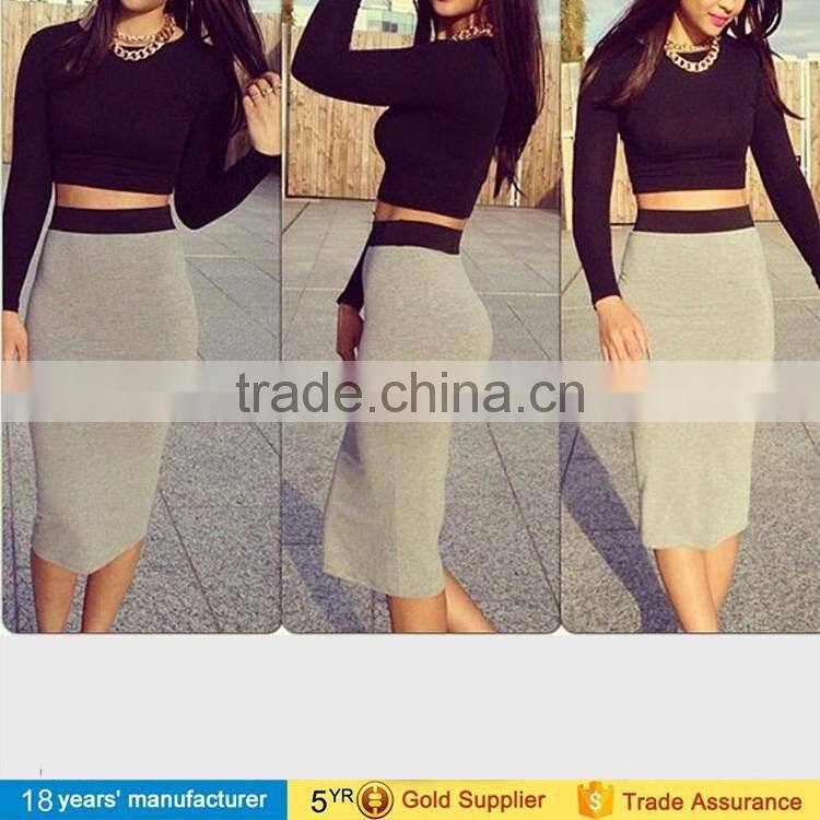 2017 sexy women long sleeve bodycon two piece dress club wear prom crop top blouse and long skirt