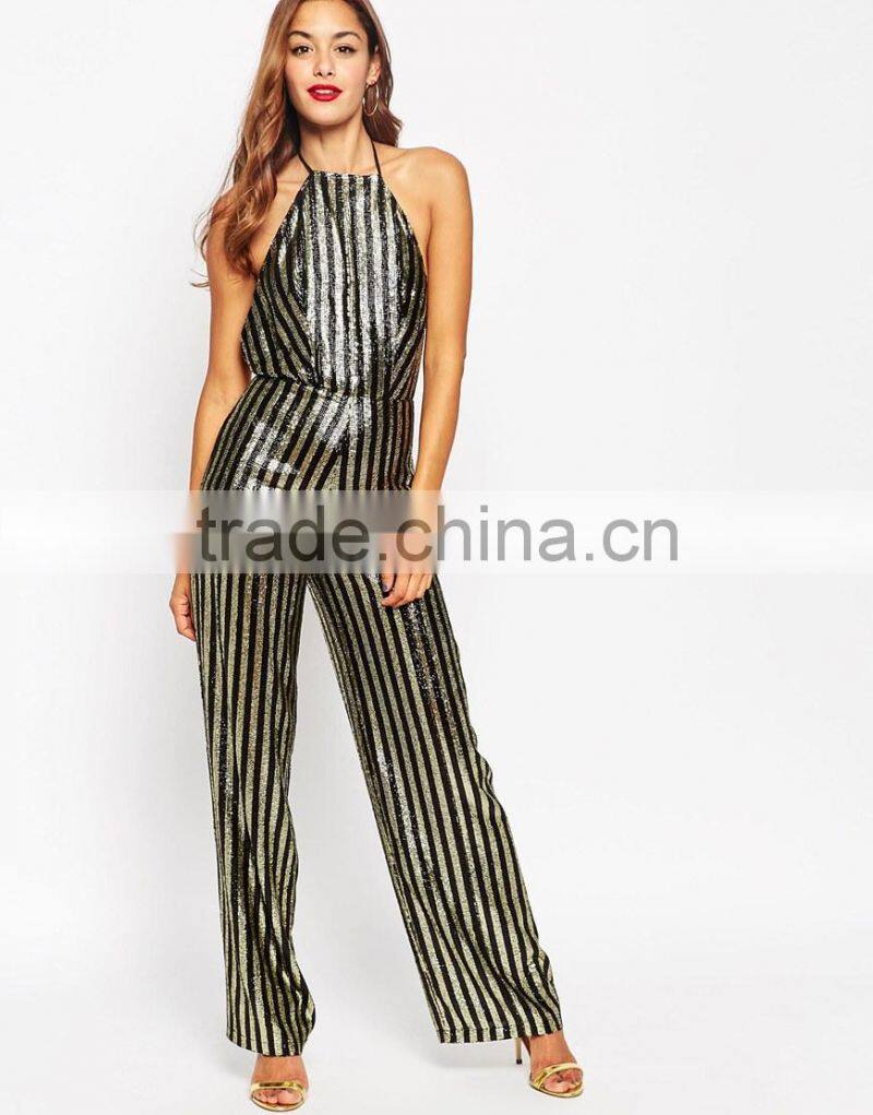 2015 fashionable hot sale OEM customized Allover Sequin Stripe Halter Jumpsuit