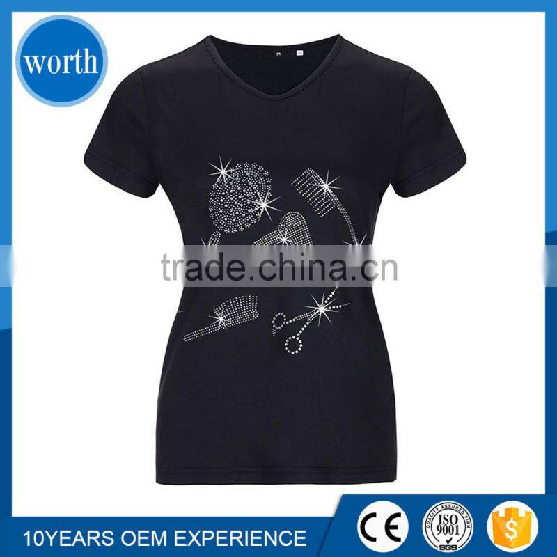 Women's Summer Fashion Hair Designer Rhinestone Embellishment T-shirt Top