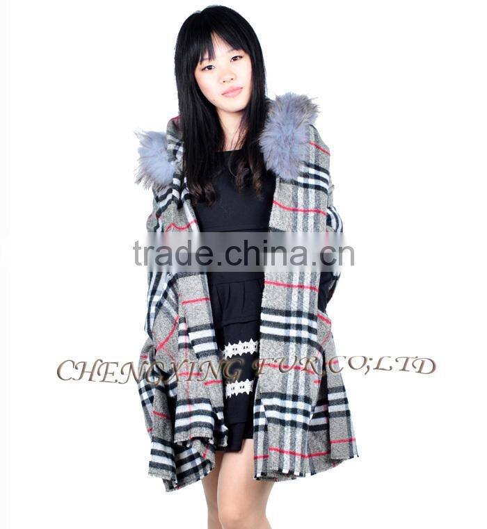 CX-B-P-39 Cheap Genuine Raccoon Fur Trim Pashmina Shawls Wholesale With Hood