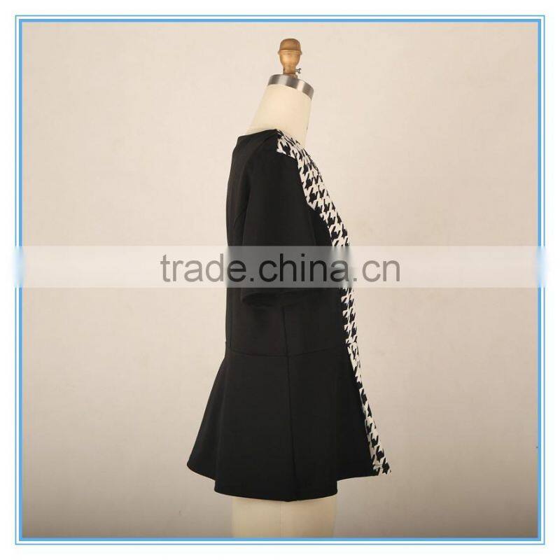 Houndstooth Patchwork Slim Waist Short Sleeve Latest Blouse Design 2016 For Women