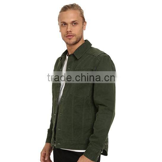 high quality green plain denim varsity jacket custom arc-shaped back hem
