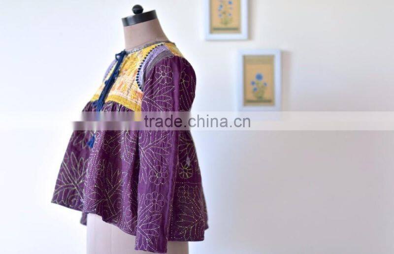 Vintage Kantha Kediyu Style Jacket in Beautiful Vintage Colors ~ Small