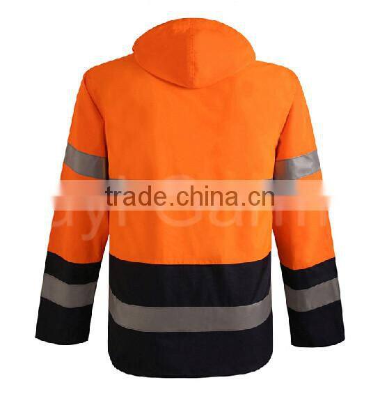 Fluorescent Orange Hooded Raincoat Workwear With Reflective Strips